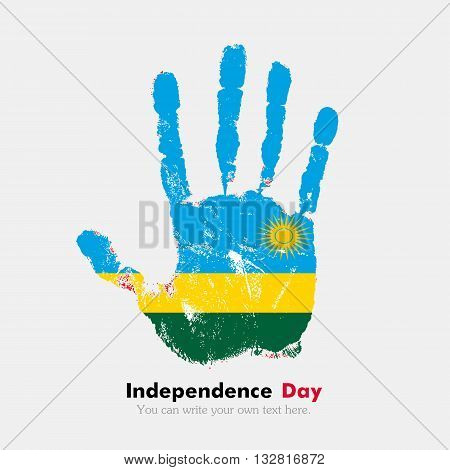 Hand print, which bears the Flag of Rwanda. Independence Day. Grunge style. Grungy hand print with the flag. Hand print and five fingers. Used as an icon, card, greeting, printed materials.