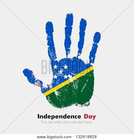 Hand print, which bears the Flag of Solomon Islands. Independence Day. Grunge style. Grungy hand print with the flag. Hand print and five fingers. Used as an icon, card, greeting, printed materials.
