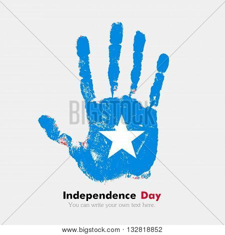 Hand print, which bears the Flag of Somalia. Independence Day. Grunge style. Grungy hand print with the flag. Hand print and five fingers. Used as an icon, card, greeting, printed materials.