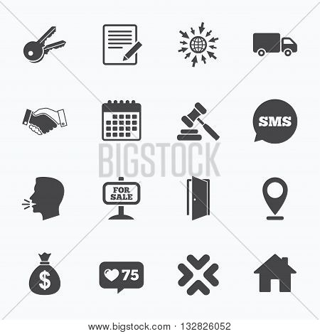 Calendar, go to web and like counter. Real estate, auction icons. Handshake, for sale and money bag signs. Keys, delivery truck and door symbols. Sms speech bubble, talk symbols.