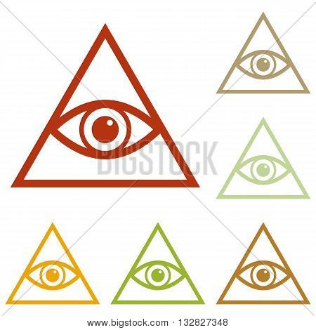 All seeing eye pyramid symbol. Freemason and spiritual. Colorful autumn set of icons.