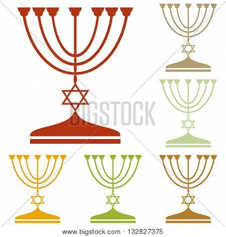Jewish Menorah candlestick in black silhouette. Colorful autumn set of icons.
