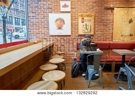 NEW YORK - CIRCA MARCH, 2016: inside Pret a Manger. Pret a Manger is a sandwich shop chain based in the United Kingdom
