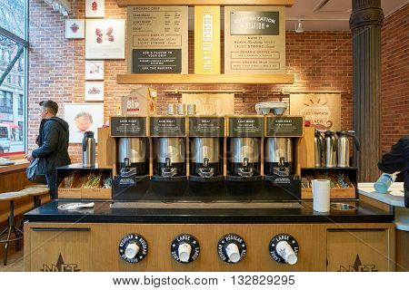 NEW YORK - CIRCA MARCH, 2016: inside Pret a Manger. Pret a Manger is a sandwich shop chain based in the United Kingdom