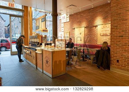 NEW YORK - CIRCA MARCH, 2016: inside Pret a Manger. Pret a Manger is a sandwich shop chain based in the United Kingdom