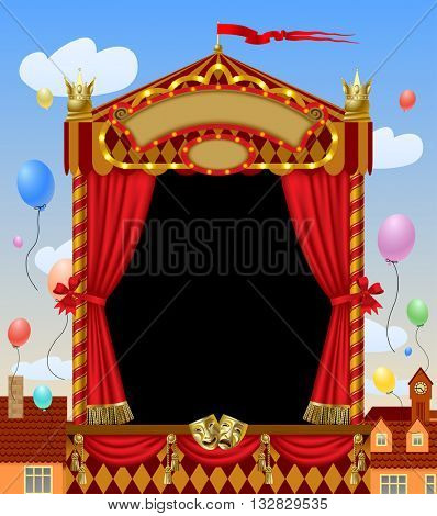 Puppet show booth with theater masks, red curtain, illuminated signboards width city view and colorful balloons in the sky. Artistic and theatrical poster and template design