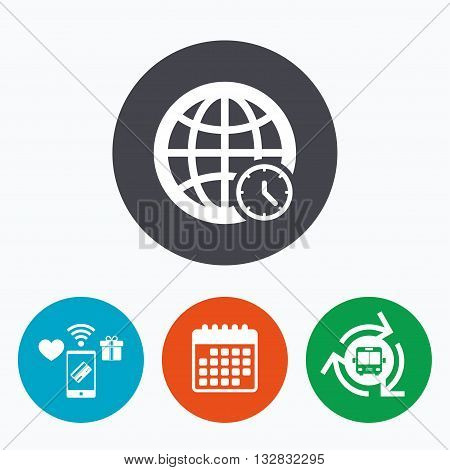 World time sign icon. Universal time globe symbol. Mobile payments, calendar and wifi icons. Bus shuttle.