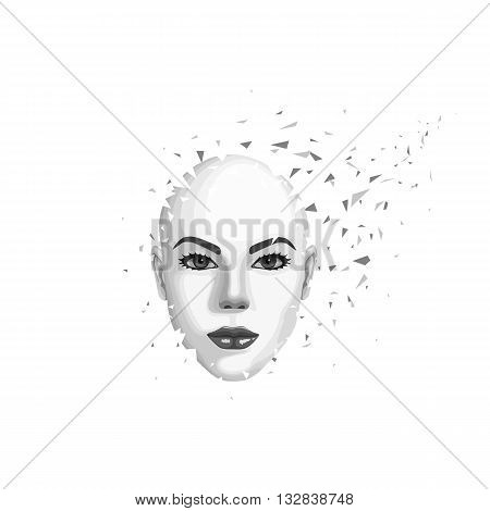 Abstract woman's face breaks into pieces. Vector illustration