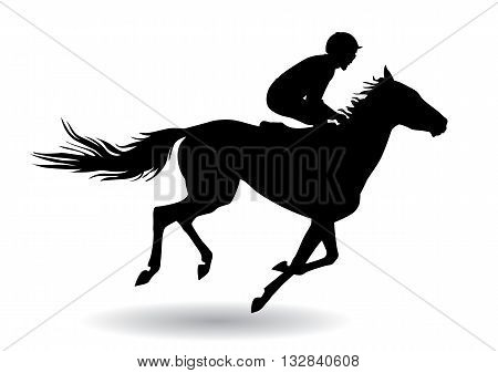 Jockey riding a horse. Horse races. Competition. Silhouettes on a white background.