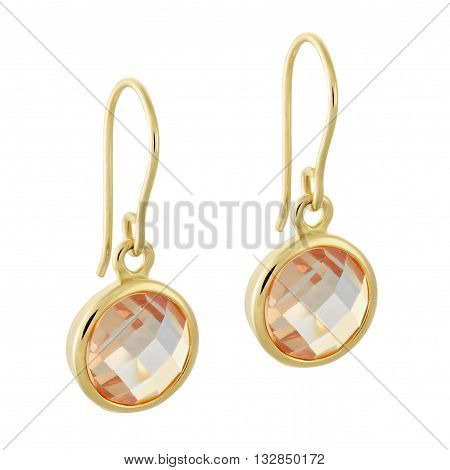 A Pair Of Gold Earrings With A Shiny Gemstone In The Form Of A Circle