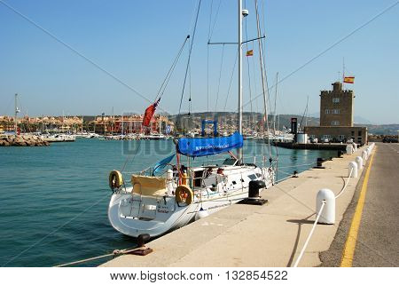 PUERTO SOTOGRANDE, SPAIN - JULY 18, 2008 - Yachts and boats in the marina with buildings and harbour masters office to the rear Puerto Sotogrande Cadiz Province Andalucia Spain Western Europe, July 18, 2008.