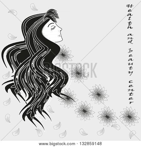Beauty plus health vector illustration
Vector illustration black and white on a gray background drawing a girl with long hair, flowers and petals label health and beauty center