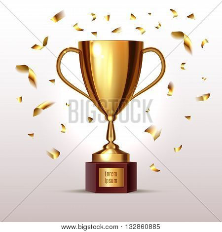 Isolated Realictic Gold Cup With Place For Your Text. And Gold Confetti. Vector Illustration. Eps 10