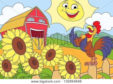 Illustration of the summer morning on the farm with sunflowers and rooster singing a song.