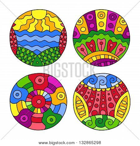 Doodles filled circles set. Hand drawn isolated graphic elements. Boho and ethnic style mandala. Bright colors. Decorative art for birthday cards, wedding and baby shower invitations, scrapbooking etc.