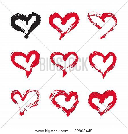 Ink hearts card. Set of 9 hand painted ink hearts. Graphic design element for web sites, stationary printables, fabric, scrapbooking etc.