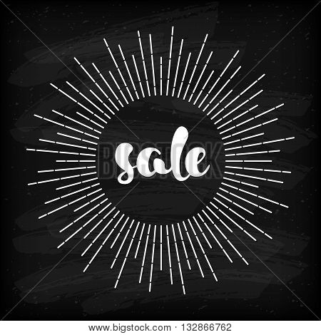 Vintage SALE poster. Hand written lettering. The word SALE with sunburst rays. Grunge marketing background. Aged paper with calligraphy elements. Vector illustration.