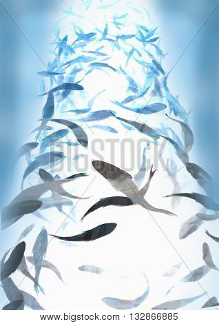Illustration of underwater seascape with school of fish silhouettes in sunbeams. Under blue water with group of fish. Shoal of sea fish swimming in group underwater.