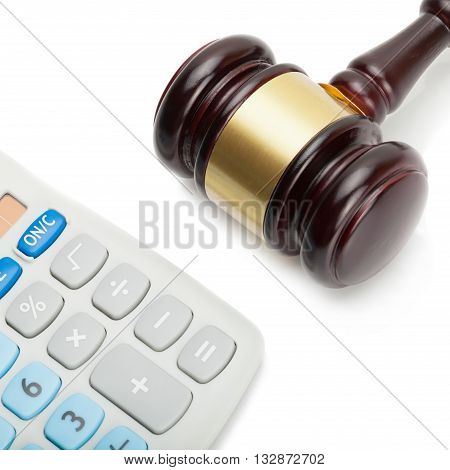 Wooden Judge's Gavel Next To Neat Calculator
