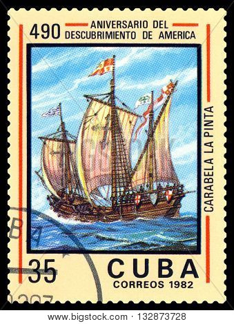 STAVROPOL RUSSIA - May 31 2016: a stamp printed in Cuba shows caravelle Pinta. Discovery of America 500th anniversary circa 1982.