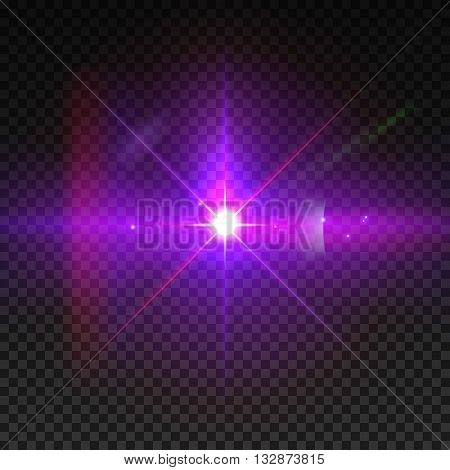 Realistic sun burst with flare. Lens flare illustration isolated on transparent grid.