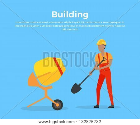 Building banner web design flat style. Working in a helmet with a shovel near a cement mixer. Construction and worker, mixer equipment for building, mix machinery working man, vector illustration