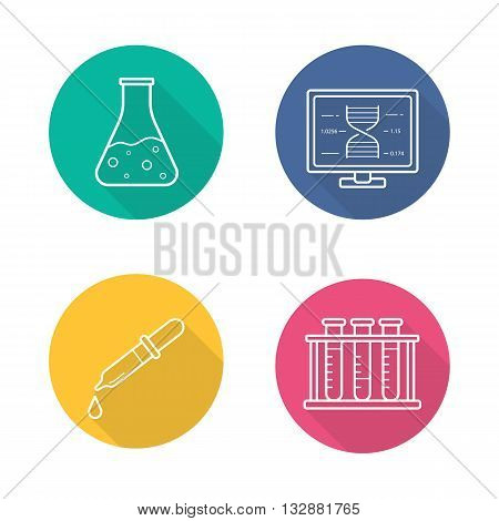Laboratory equipment flat linear long shadow icons set. Lab flask and pipette. Test tubes rack and dna strand research formula. Vector