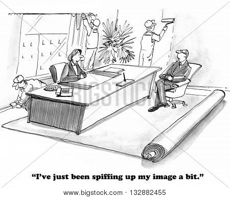 Business cartoon about a leader spiffing up her office image.