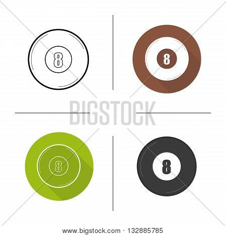 Billiard eight ball flat design, linear and color icons set. Sport equipment. Contour and long shadow symbols. Billiard eight ball logo concepts. Isolated vector illustrations. Infographic elements