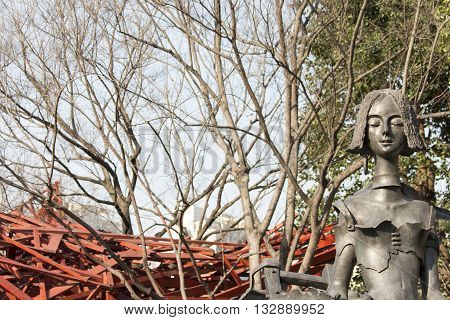 SHANGHAI, CHINA - MARCH 15, 2014: Detail of the sculpture at Jing'an International Sculpture Exhibition titled City Fantasy. It features 68 sculptures by 31 artists from eight countries.