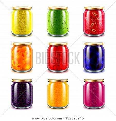 Jam jars icons detailed photo realistic vector set