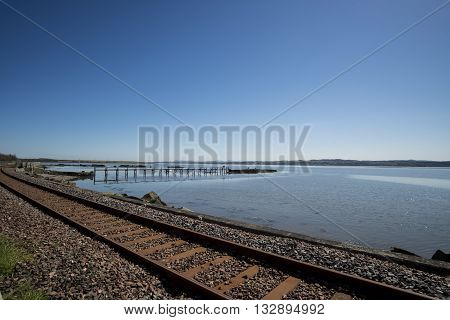 Railway track running alongside the Firth of Forth at Culross Fife Scotland