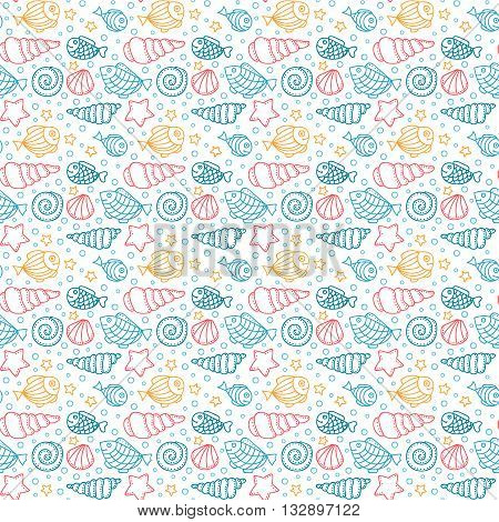 Vector seamless pattern with fish star shell and bubble. Hand drawn doodle sea elements. Color objects on white background.