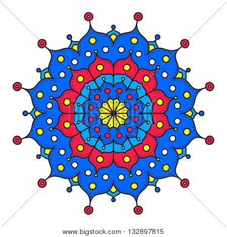 Doodle mandala. Vector ethnic floral mandala with hand drawn doodle ornament. Trible amulet. Isolated. Yellow blue white red colors. Isolated.