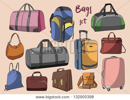 Different types of bags, cases, suitcases, backpacks, kids backpack, box, Lady bag, carry-on luggage, purse and other. Vector illustration