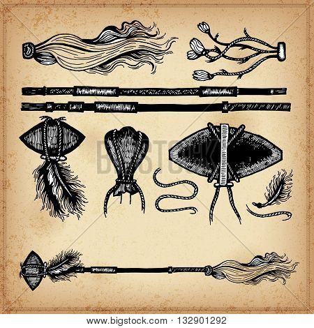 Set of hand drawing ink elements of military weapon and cudgel. Vector illustration. Set of doodle tribal weapon. Elements in native style for greeting card and postcard, henna and tattoo design.