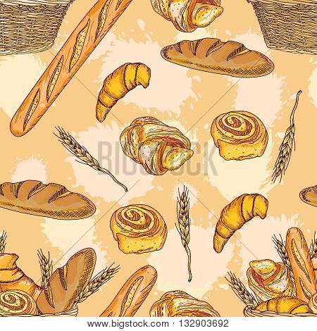 Bakery seamless pattern bakery products fresh bread loaves and rolls hand drawn vector illustration