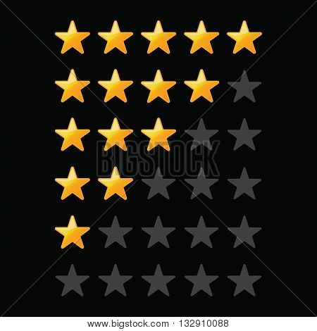 A set of stars for a rating on a black background .Yellow Stars .