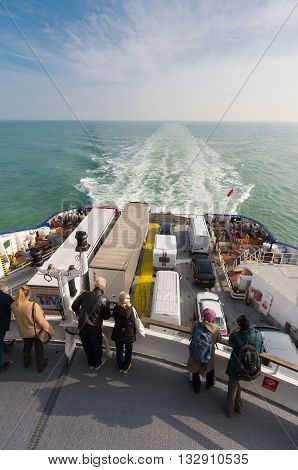 DUNKIRK FRANCE - OCTOBER 18 2015: Backside stern of a ferry boat with unknown passengers crossing the north sea channel from Dunkirk to Dover