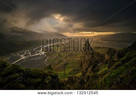 Valahnukur rocky mountain in Thorsmork Park Iceland