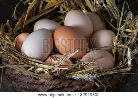 Homemade eggs in a basket with straw