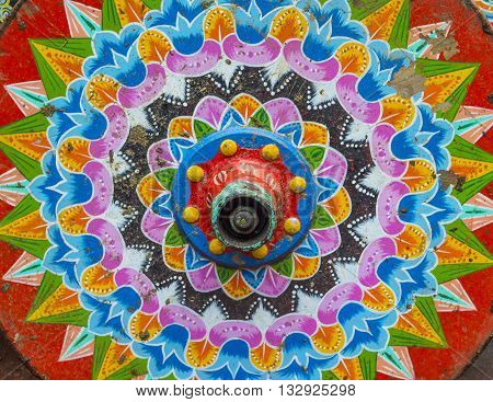 A Traditional decorated Costa Rican ox cart wheel
