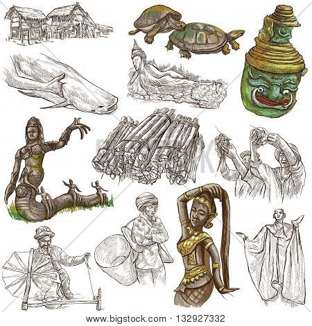 Travel LAOS- Pictures of Life.Collection of an hand drawn colored illustrations - Lao People's Democratic Republic.Pack of full sized hand drawn illustrationsset of freehand sketches.Drawing on white