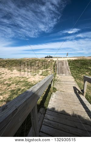 Wooden walkway across the beach on the Uruguayan eco-lake Garzon Jose Ignacio Uruguay