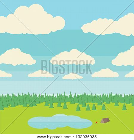 Low poly andscape with cartoon tent camp vector illustration