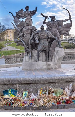 KIEV, UKRAINE - APRIL 18, 2015 Founders Monument Memorials to People Killed in Maidan Square Kiev Ukraine. Founders statue is to the famous people that founded Kiev.