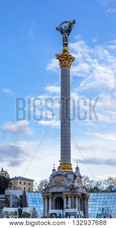 KIEV, UKRAINE - APRIL 18, 2015 Independence Monument Symbol of Ukraine Independence and Orange Revolution Maidan Square Kiev Ukraine. Placard Memorials for those killed at Maidan