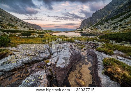 Mountain Landscape with a Tarn and Creek in the Evening. Mlynicka Valley High Tatra Slovakia.