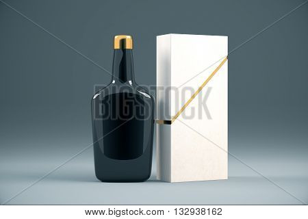 Black cognac bottle and packaging without lables. Mock up 3D Rendering