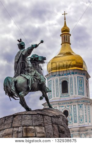Bogdan Khmelnitsky Equestrian Statue Saint Sophhia Sofiyskaya Square Kiev Ukraine. Founder of Ukraine Cossack State in 1654. Statue created 1881 by Sculptor Mikhail Mykeshin